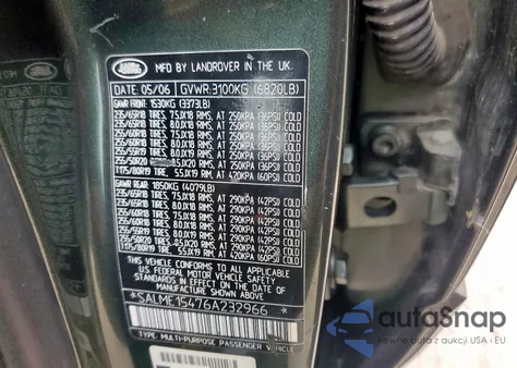 2006 Land Rover Range Rover Hse из США, поврежденный, VIN SALME15476A232966